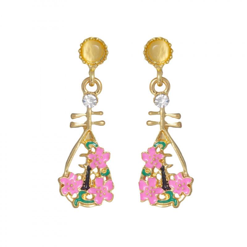 New Chinese style pipa earrings female, fashionable and elegant temperament retro diamond-set oil drip flower earrings