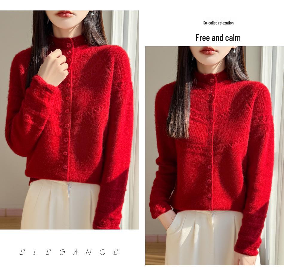Women's Autumn/Winter 2026 Cashmere Thick Knit Cardigan Sweater with Half-High Neck