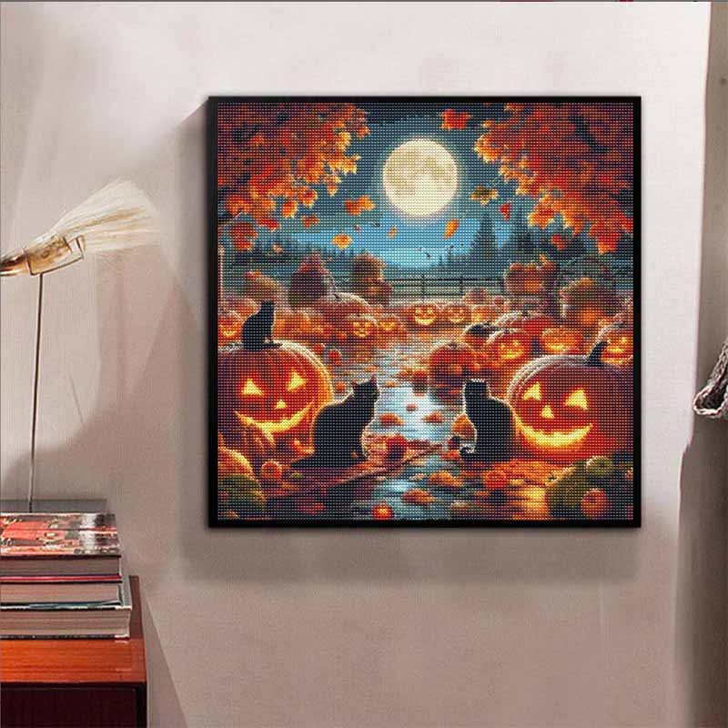DIY Diamond Painting Canvas Pumpkin Night Cat Full Moon Pattern 5D Rhinestone Art Kit for Home Wall Decor Craft Hobby Set