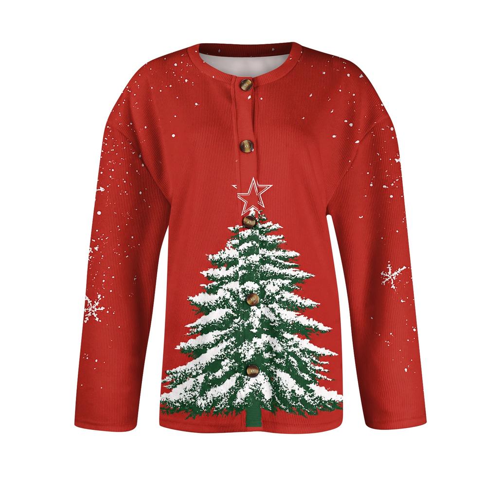 Women's Christmas Print Long Sleeve Knit Cardigan Button Down Sweater