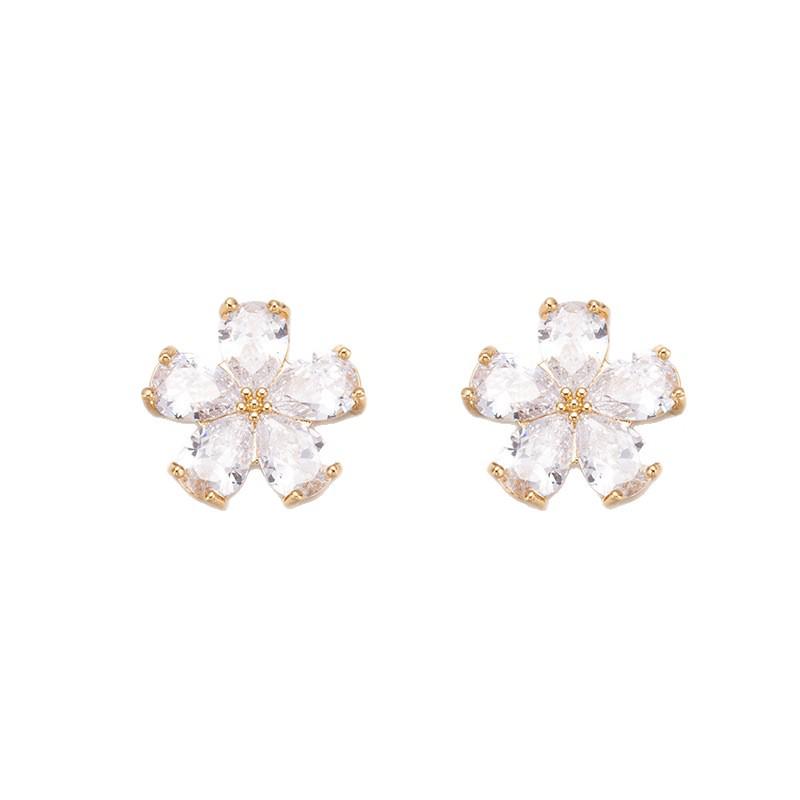 925 Silver Korean-Style Zircon Stud Earrings: Five-Petal Flower Design