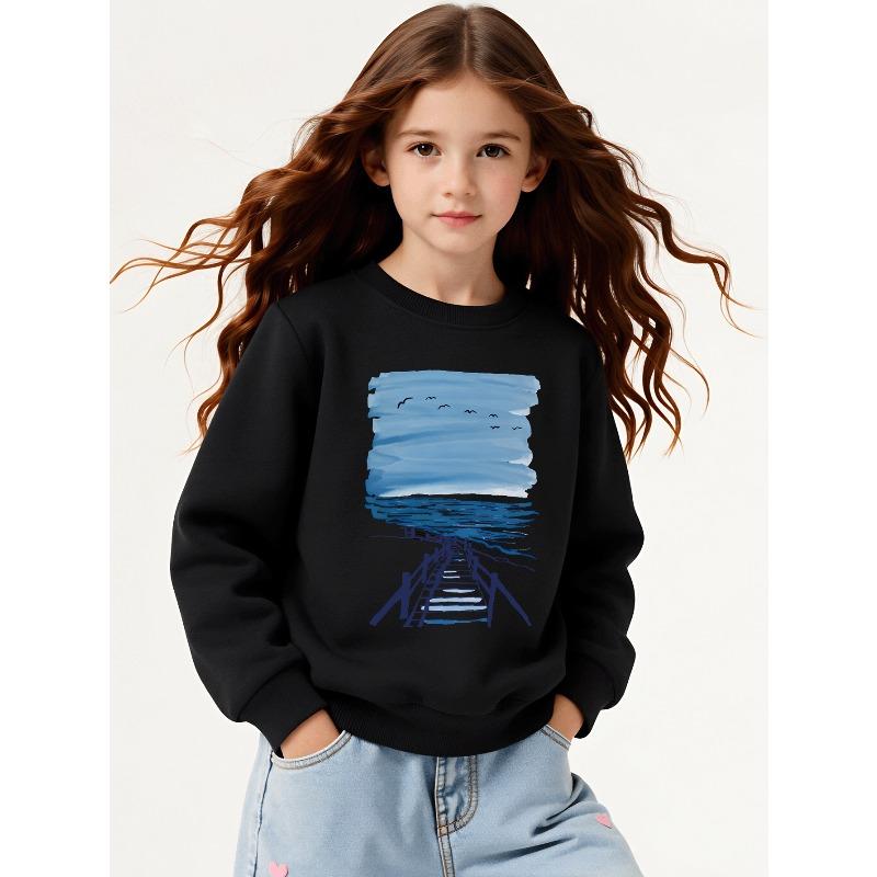 Girls' Soft Crewneck Sweatshirt, Blue Sea Sky Birds Pier Print Pattern with Cute Creative Print, Casual All-Match for Fall Winter