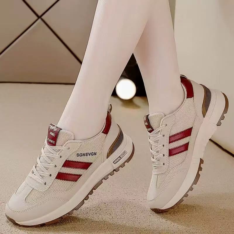 2025 Spring and Summer New Mesh Breathable Women's Shoes Casual Shoes Versatile Flat Baseplate Shoes Sports Running White Shoes Women