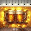 2D Vlak, Gouden Bierpullen Proost Houten Bord Sprookjeslichtjes Oktoberfest Feest Achtergrond Wandkleed Brouwerij Pub Muurdecoratie Viering