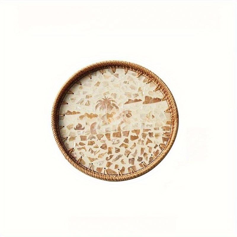 1Pc Handmade Rattan Shell Color Storage Round Picnic Fruit Basket Tray for Outdoor Courtyard Patio Garden