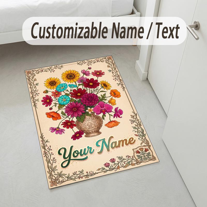 Floral Garden Theme Crystal Velvet Rug Personalized Custom Name Text Soft Floor Mat Home Decor