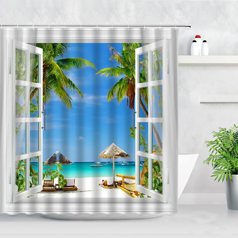 Tropical Landscape Shower Curtain 3D Open Window Ocean Beach Starfish Shell Palm Tree Scenery Waterproof Bathroom Decor Curtains