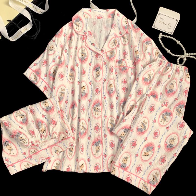 Letnia Piżama Damska Homewear Trzyczęściowa Miękka Bawełna Chmury Piżama z Krótkim Rękawem Damska Kreskówkowy Nadruk Homewear