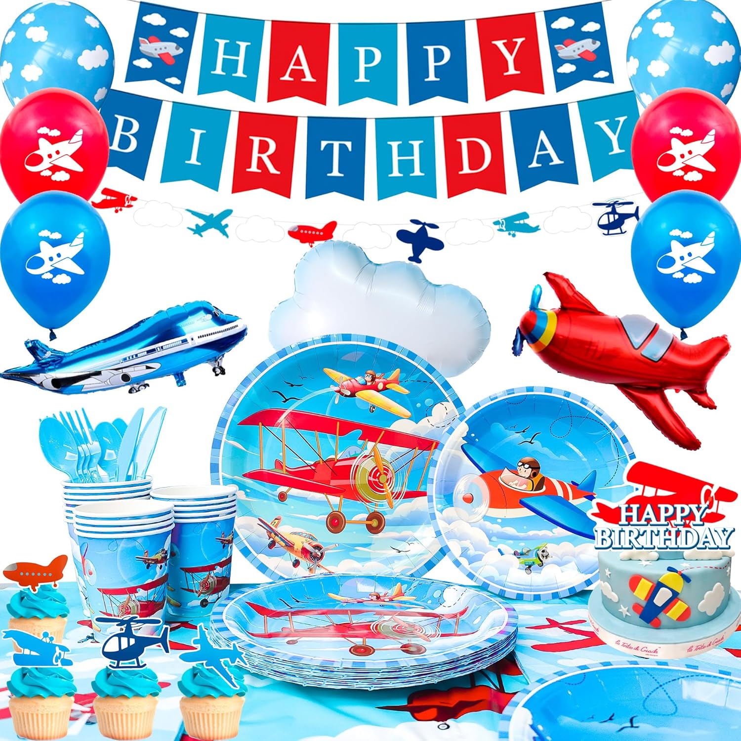 Airplane Birthday Party Decorations,167pcs Airplane Party Decorations Airplane Party Tableware Set Airplane Plates Napkins Cups Table Cloth Balloons