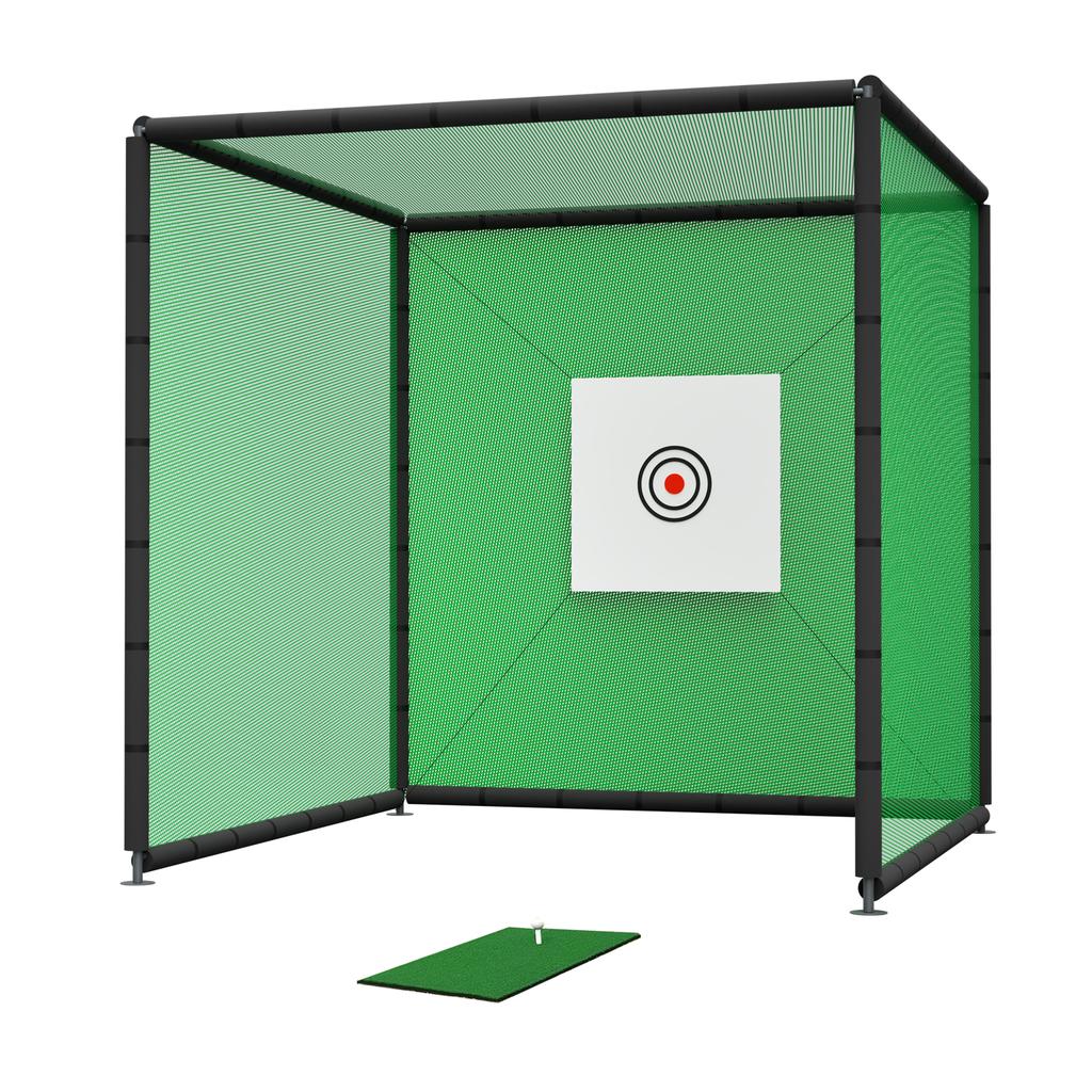 300x300x300cm Golf Practice Net, Indoor Outdoor Hitting Net with Target Sheet, Practice Mat & Rubber Tee, Steel Frame, Backyard, Garden, Garage, Park