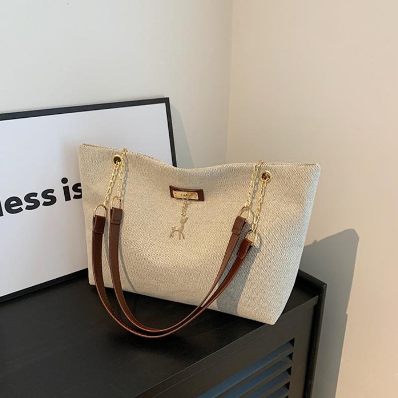 Large Capacity Canvas Shoulder Bag with Leather Strap, Casual Versatile Tote Bag with Deer Charm Crossbody Bag for Women Commute