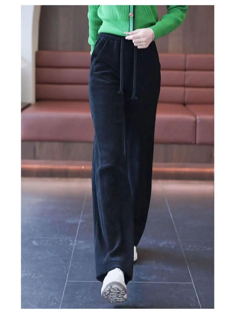 Women's Black Corduroy Wide-Leg Pants with Fleece Lining for Autumn/Winter 2025