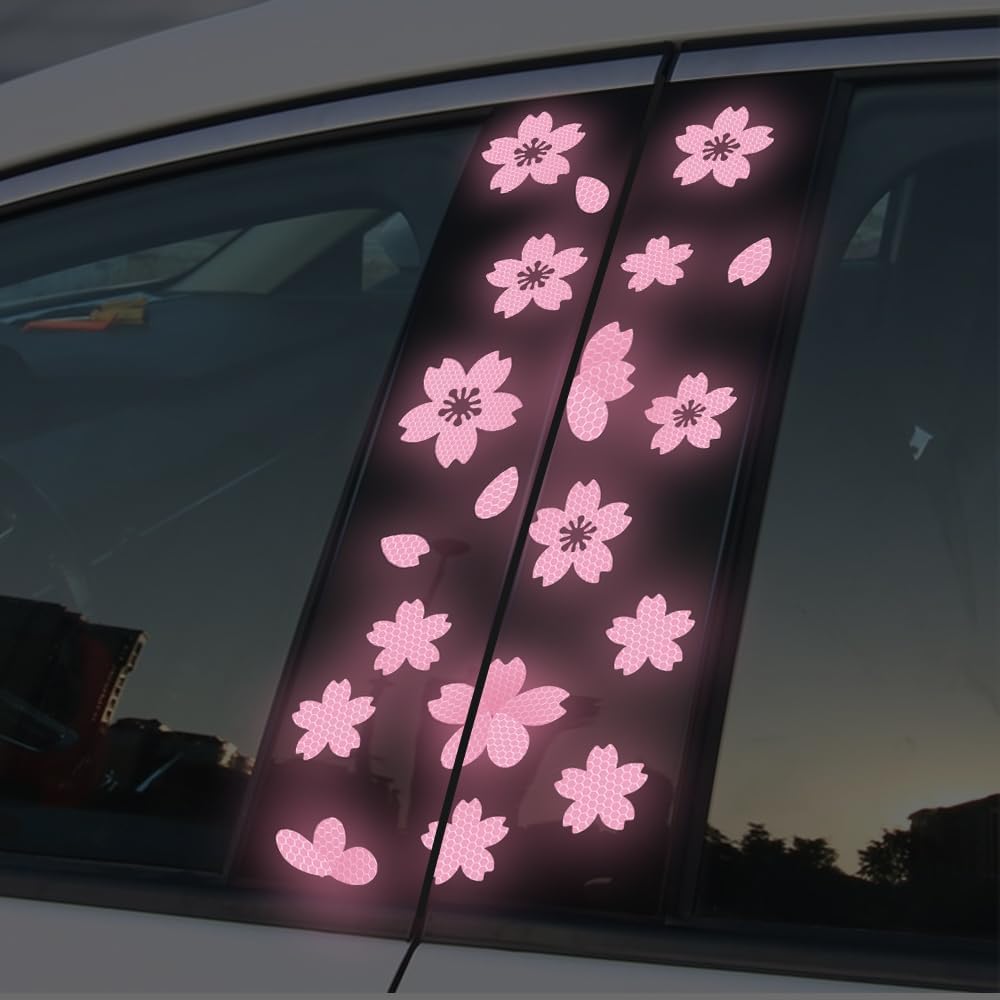 High Intensity Reflective Flower Car B-Pillar Sticker Self-Adhesive Cherry Blossom Center Pillar Decal Waterproof Vinyl Decal DIY Car Window Bumper