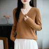 Women's Cross V-Neck Ribbed Knit Pullover - Solid Color Long Sleeve Top