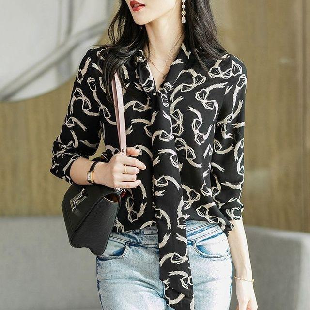 Chiffon Printed Shirt Women's New Fashion Printed Butterfly Strap Bottoming Blouse Long Sleeve Scarf Collar Bow Top M-3XL