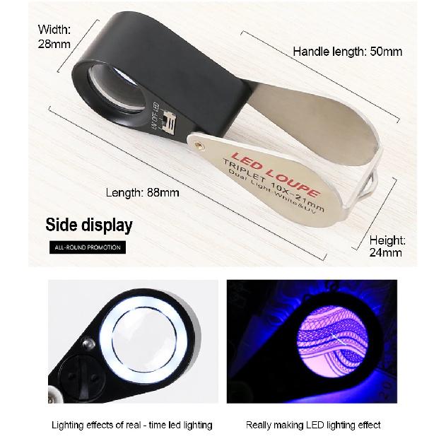 Lupa Plegable 10X-40X Lupa para Joyería Lente Triplete Vidrio Óptico Lupa Iluminada con 6 LED 7 Luces UV