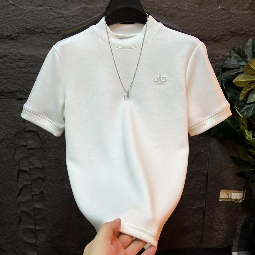 Autumn New Semi-Turtleneck Simple Versatile Letter Short-Sleeved T-Shirt Men'S Light Luxury Trend Fashion Half-Sleeved Bottoming Shirt