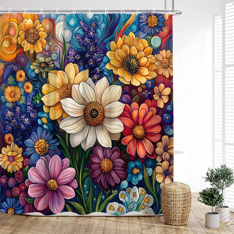 Vintage Boho Floral Shower Curtains Colourful Flowers Botanical Pattern Modern Polyester Fabric Home Bathroom Curtain Decor Set
