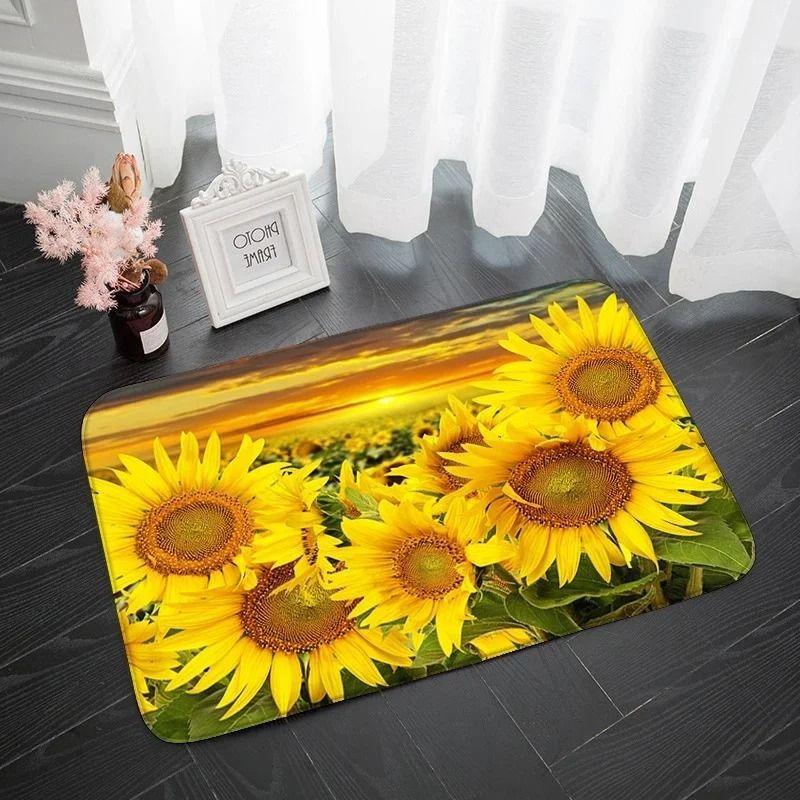 Kitchen Mat with Sunflower Pattern Hallway Non-slip Rug Suitable for Kitchen Living Room Porch Balcony Spring Home Decor Welcome
