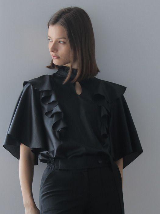 CAHIERS [CAHIENNE] Loose-fit Key Holder Neckline Ruffle Blouse_black