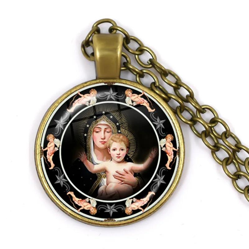 Virgin Mary and Baby Jesus Christian Catholicism Jewelry Necklace Blessed Mother Religious Art Glass Cabochon Dome Pendant Gift