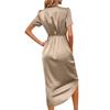 Elegant Wrap Dress for Women Satins V Neck Short Sleeve Midi Long Slit and Pleated Detail Gown for Party Gatherings