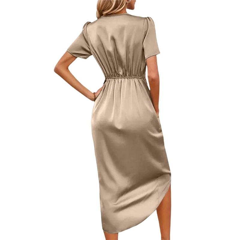 Elegant Wrap Dress for Women Satins V Neck Short Sleeve Midi Long Slit and Pleated Detail Gown for Party Gatherings