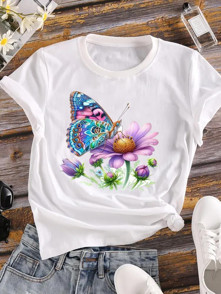 

(Asian Size) butterfly Printed Female Top T Shirt Clothing Lady o-neck Short Sleeve T-shirts Casual Fashion Women Graphic Tee S