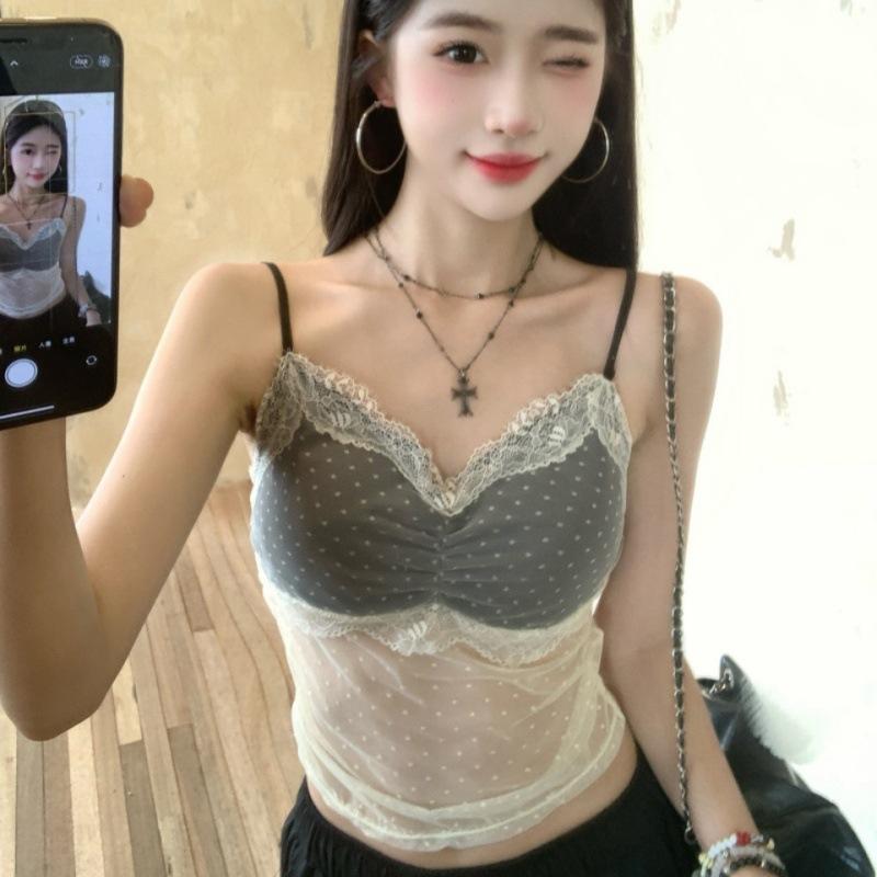 #Summer New Pure Desire Sexy Mesh Sling Vest Slim One-piece with Chest Pad Versatile and Thin Top
