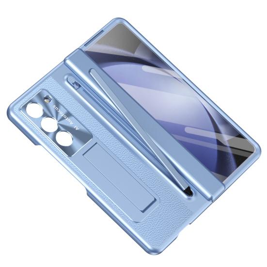 Phone Case for Samsung Z Fold 6 PC Shell with Pen Slot Spring Hinge Protection & Integrated Kickstand Full-Body Cover with Tempered Glass Screen Guard