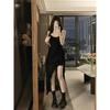Large Size Hepburn Style Lace Dress Women's Summer Irregular Split Suspender Skirt Fat MM Belly Covering Thin Skirt