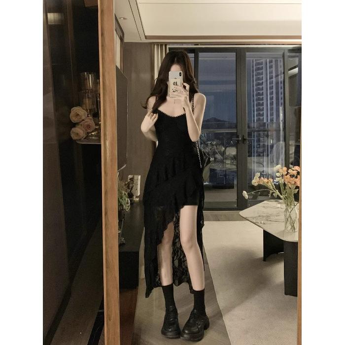Large Size Hepburn Style Lace Dress Women's Summer Irregular Split Suspender Skirt Fat MM Belly Covering Thin Skirt
