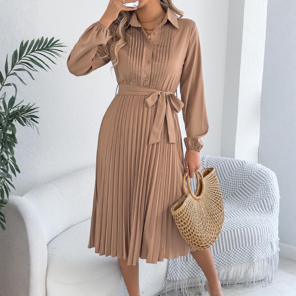 Women's Color Fashion Lapel Long Sleeved And Long dress