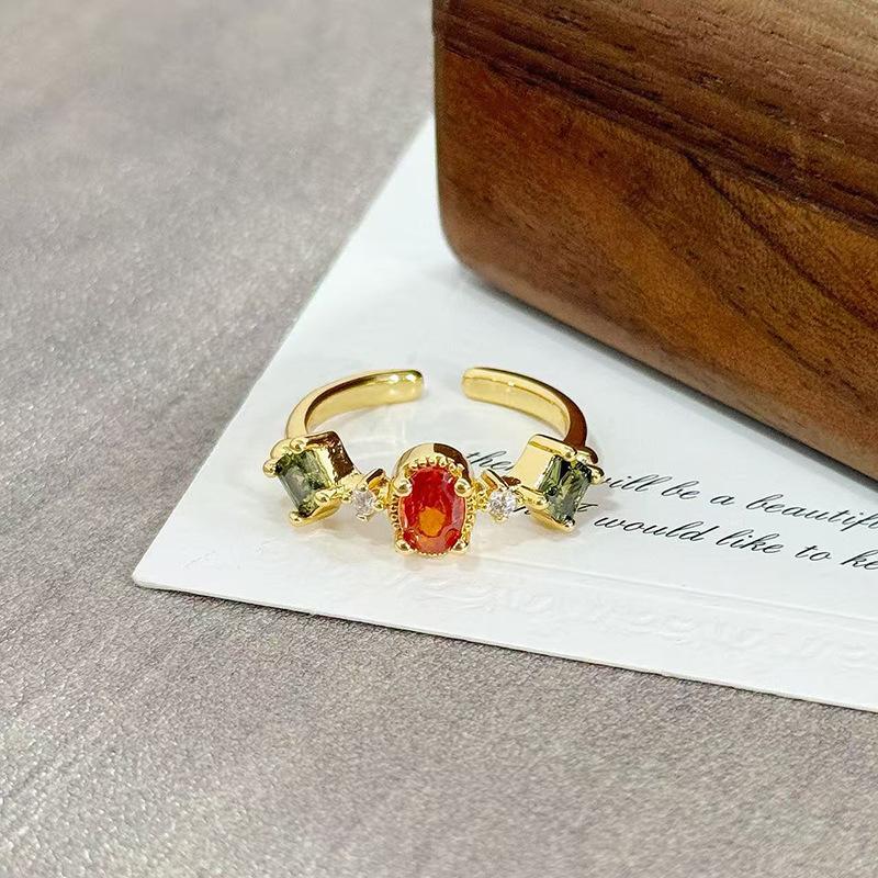 Medieval Vintage Orange Red Zircon Inlaid Simple Open Ring Female Retro Flower Temperament Niche Index Finger Ring