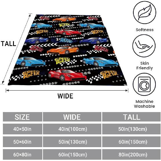 WZOMT Race Car Blanket for Kids Boys, Funny Red and Blue Sportcar Speed Racer Throw Blankets, Cool Car Lovers Gifts for Men Boys, Soft Cozy Fleece