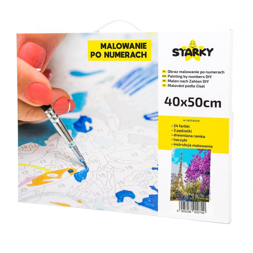 Paint by number kit with frame, artistic brushes, eiffel tree