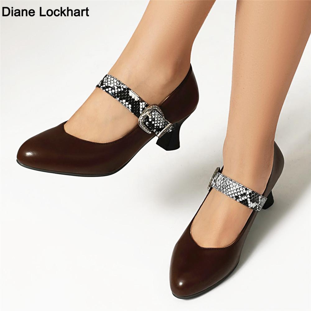Mode Braune Damen Mary Jane Schuhe Mode Spitzschuh Gürtelschnalle Pumps 2025 Frühling Herbst Elegant Höhe Absätze Damenschuhe Größe 32-48