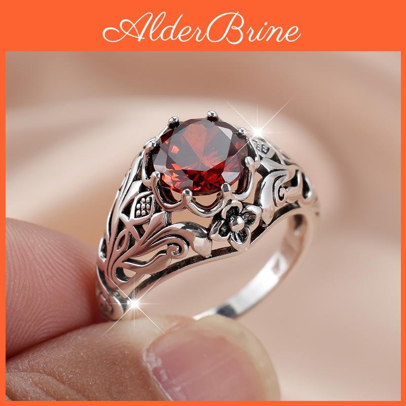 Vintage Silver Hollowed Color Out Flower Red Zircon Rings For Women Charms Wedding Banquet Party Jewelry Gift