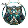 Creative Housewarming Gift Double Owl Suncatcher Window Hanging Ornament, Stained Glass Style Circular Wall Pattern Decor, Green Art for Home