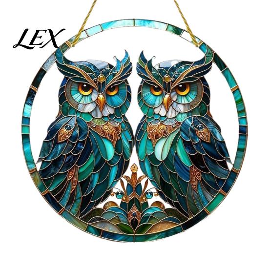 Creative Housewarming Gift Double Owl Suncatcher Window Hanging Ornament, Stained Glass Style Circular Wall Pattern Decor, Green Art for Home