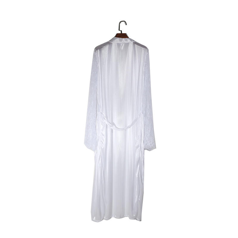 Women Lace Stitching Long Bathrobes Nightgown Soft Silk Dressing Gown Bath Robe Large Size Sexy Pajamas