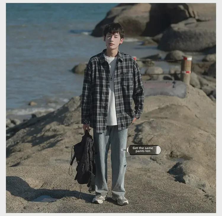 Men's 2023 Retro Japanese Plaid Loose Long Sleeve Shirt for Spring and Autumn