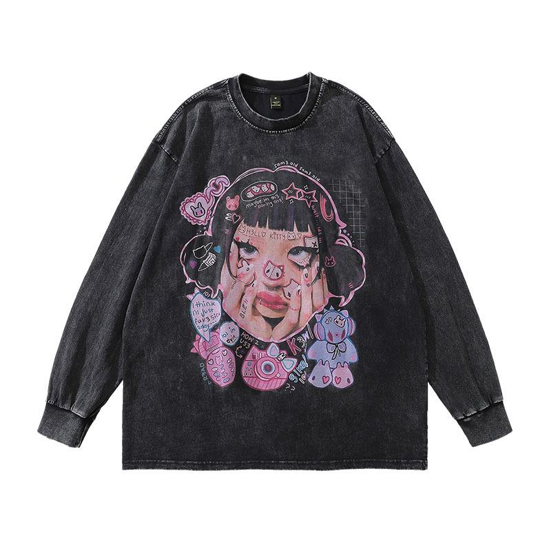High Street Vintage Old Washed Cartoon Printed Short Sleeve T-Shirt Men'S And Women'S Bf Style Hip Hop Loose Half Sleeve Top