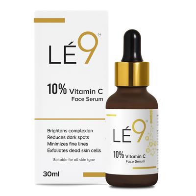 LÉ9 Hautaufhellendes 10% Vitamin C Gesichtsserum mit 99,9% Reinheit für fahle Haut & dunkle Flecken, Glow Booster, Alle Hauttypen, 30 ml