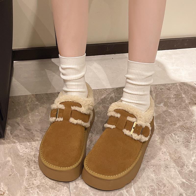 Women's Belt Buckle Fashion Lightweight Soft Sole Winter Warm Fur One Snow Boots Padded Lined Non-slip Casual Sports Cotton Boots Fur Shoes