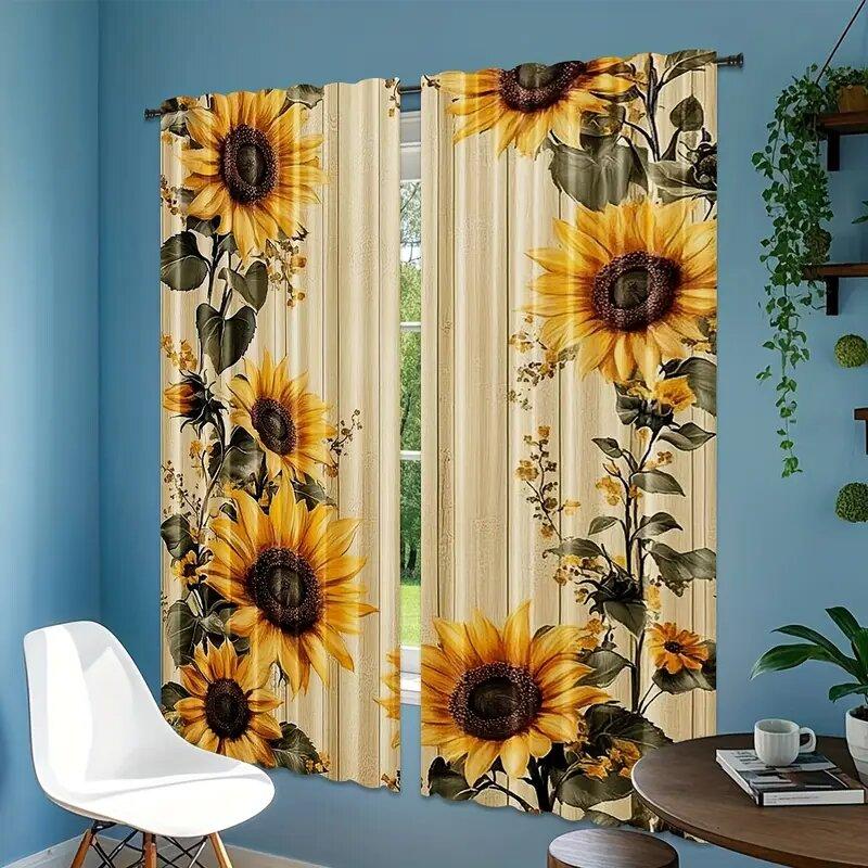 Retro Wooden Board Sunflower Pole Bag Curtains Bedroom Kitchen Decoration Home Living Room Curtain Polyester Perfect For Area