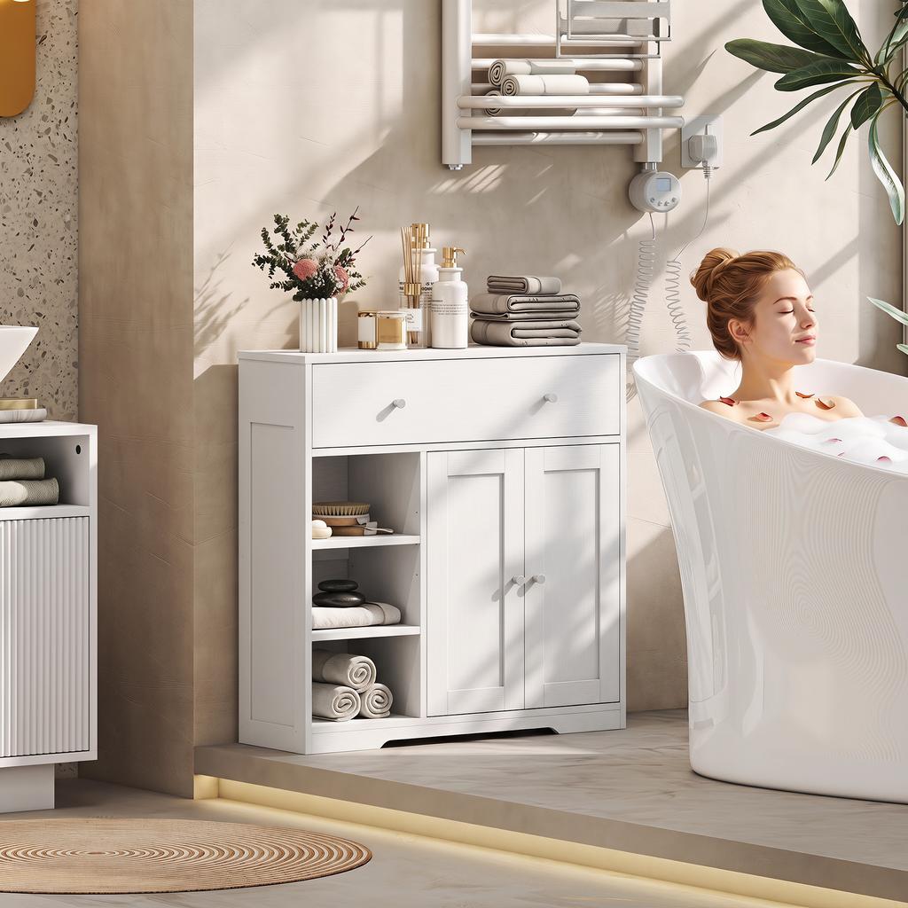 Bathroom Cabinet with 1 Drawer, 2 Doors, 3 Open Compartments, Scandinavian Style, 80x30x80.2cm, White