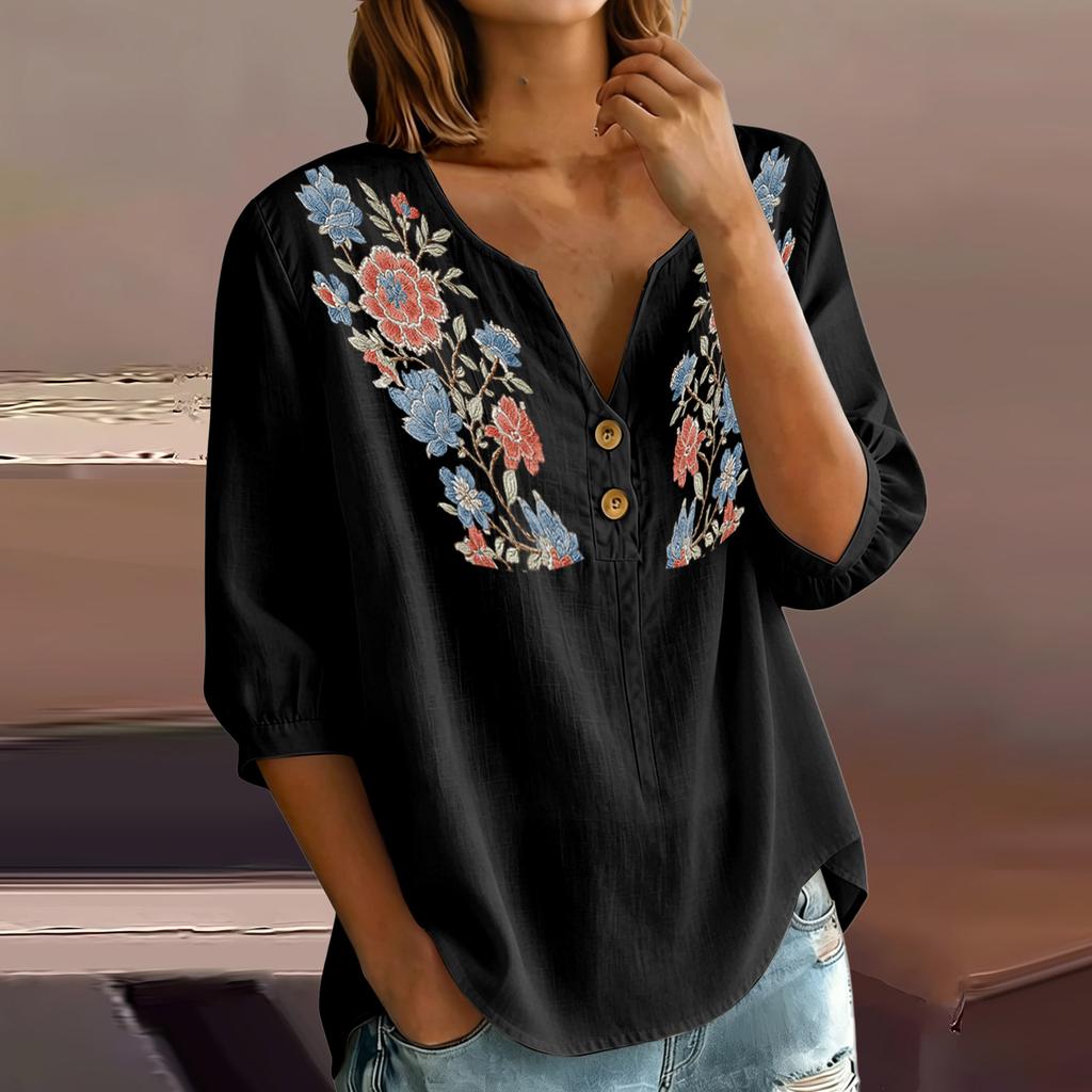 Women Floral Pattern Henley Button Neck Shirt Three Quarter Sleeve Loose Fit Linen Cotton Blouse Casual Top for Daily Wear