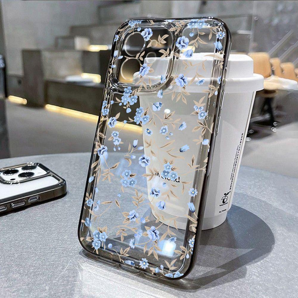 Small Blue Floral Is Suitable for iPhone17promax Apple 16 Mobile Phone Case 14/13 Fine Hole 15 Transparent All-inclusive.