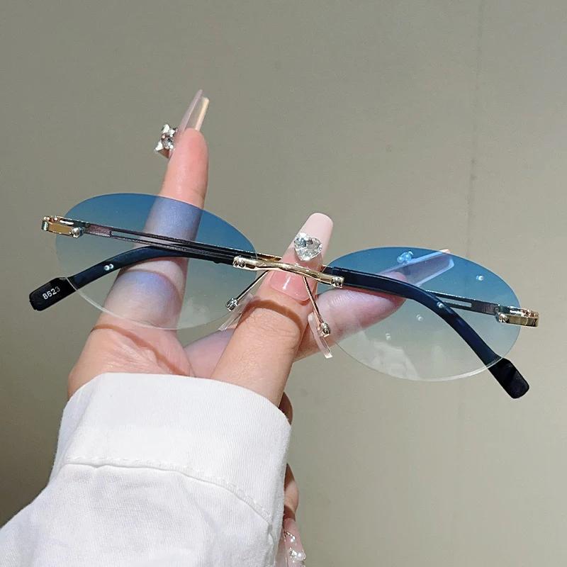 Rimless Oval Sunglasses Women Fashion Gradient Decor Shades Eyewear New Trendy Vintage Brand Design Casual Eyeglasses